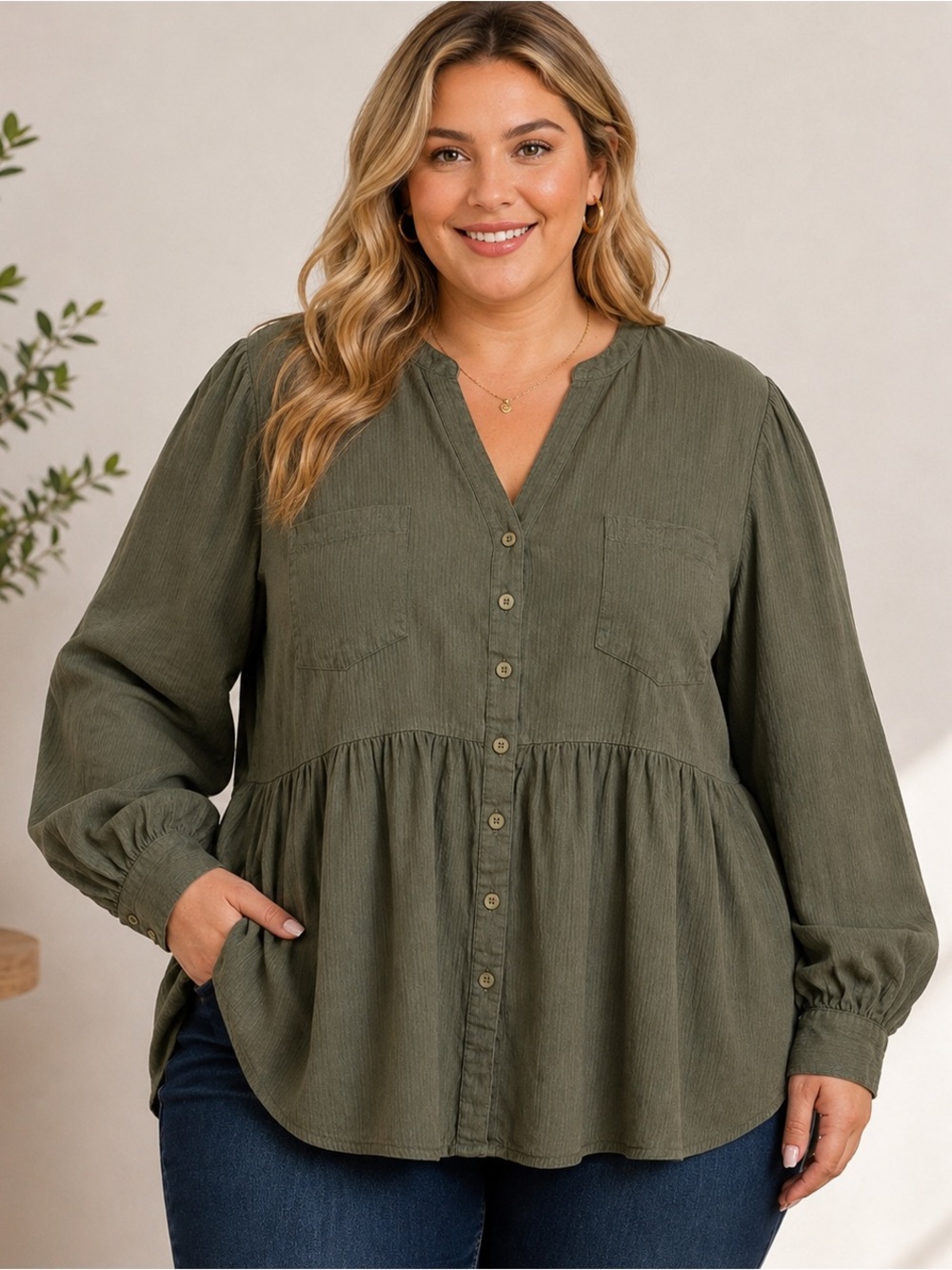 Torrid Olive Green Babydoll Button Down Blouse Plus Size 1 Flowy Peplum Top